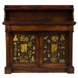 A VICTORIAN ROSEWOOD SIDE CABINET with a raised back above a single drawer and two doors inset