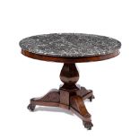A 19TH CENTURY CIRCULAR MAHOGANY GUERIDON with turned marble top, the hexagonal baluster support
