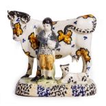 A LATE 18TH CENTURY PEARL WARE COW FIGURINE with milkman and calf, with brown and blue glaze, 16cm