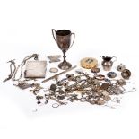 A QUANTITY OF SILVER ITEMS TO INCLUDE A SILVER TWIN HANDLED CUP silver buckles, chains, tops,