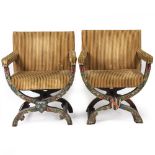 TWO SAVONAROLA CHAIRS with upholstered seats and arms, frames with hand painted flower decoration