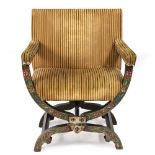 ONE SAVONAROLA CHAIR with upholstered seat and arms, frame with hand painted flower decoration and