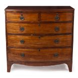 A 19TH CENTURY MAHOGANY BOW FRONTED CHEST OF TWO SHORT AND THREE LONG DRAWERS with later brass