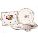 A DRESDEN PORCELAIN RECTANGULAR TRAY with hand painted flower decoration, 27cm wide x 17.5cm deep