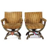TWO SAVONAROLA CHAIRS with upholstered seats and arms, frames with hand painted flower decoration