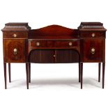 A 19TH CENTURY MAHOGANY AND EBONY INLAID SIDEBOARD with drawers and cupboards raised on square