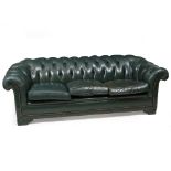 A GREEN LEATHER BUTTON UPHOLSTERED THREE SEATER CHESTERFIELD SETTEE 212cm wide x 90cm deep x 70cm