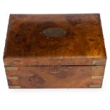 A VICTORIAN BURR WALNUT JEWELLERY BOX with brass mounts and brass handles, 45.5cm wide x 30.5cm deep