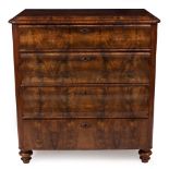 A 19TH CENTURY MAHOGANY CHEST OF FOUR LONG GRADUATED DRAWERS raised in turned feet, 98cm wide x 51cm