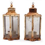 A PAIR OF EARLY TO MID 20TH CENTURY PAINTED METAL AND GLASS HEXAGONAL LANTERNS each 32cm wide x 72cm