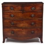 A 19TH CENTURY MAHOGANY BOW FRONT CHEST OF TWO SHORT AND THREE LONG DRAWERS with splayed bracket
