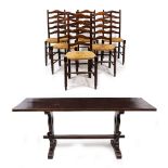 A SET OF SIX OAK LADDER BACK DINING CHAIRS with woven seats, 43cm wide x 99cm high together with an