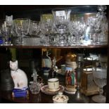 A MIXED GROUP OF GLASSWARE to include two decanters, two Staffordshire style pottery cats Condition: