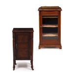 AN ARTS AND CRAFTS MAHOGANY BEDSIDE CABINET 39cm wide x 39cm deep x 76cm high together with an