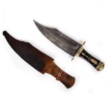 A LARGE KNIFE with watered steel blade and cast brass mounts to the handle with horn grip, 44cm long