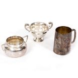 A SILVER SUGAR BASIN 9cm diameter and 101.8 grams in weight together with a small silver trophy