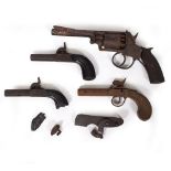 A PAIR OF ANTIQUE PERCUSSION CAP SMALL PISTOLS with drop down triggers, ebony stocks and engraved