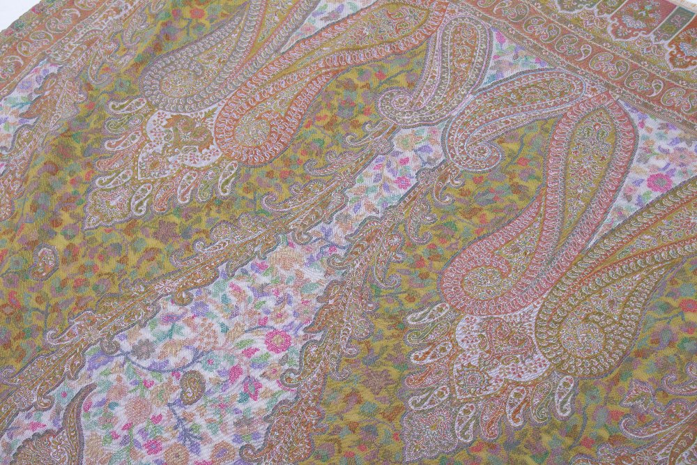 A MODERN INDIAN WOOLLEN SHAWL with green ground and brightly coloured flowers, 213cm long x 97cm - Image 4 of 6