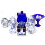 A LARGE BLUE GLASS JAR together with various modern Oriental vases and covers and other ornaments,