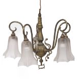 A BRASS FIVE BRANCH HANGING LIGHT FITTING with frosted glass shades, 47cm diameter x 41cm high