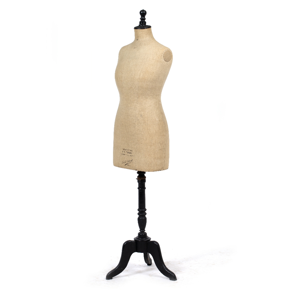 AN EARLY 20TH CENTURY LINEN COVERED MANNEQUIN on a tripod base with turned support and stamped '