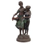 A CONTEMPORARY BRONZE SCULPTURE of two girls with roses with patinated clothes and painted