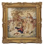 A 19TH CENTURY BERLIN NEEDLEWORK PICTURE depicting children and their dogs under a tree, 56cm x