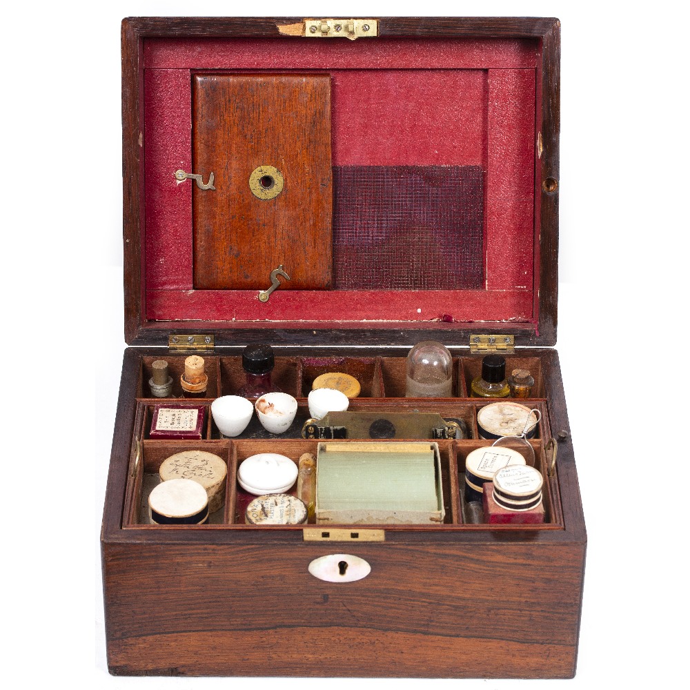 A ROSEWOOD MICROSCOPE SLIDE PREPARATION BOX refitted from a Victorian ladies dressing box,