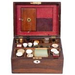 A ROSEWOOD MICROSCOPE SLIDE PREPARATION BOX refitted from a Victorian ladies dressing box,