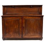 A 19TH CENTURY NAPERY CHEST the raised back with hinged fall and two panelled cupboard doors below