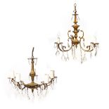 A THREE BRANCH ELECTROLIER OR CHANDELIER with cut glass drops approximately 42cm high together