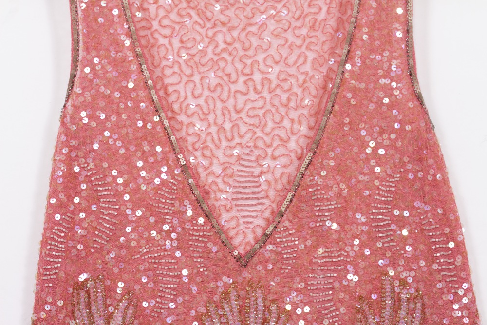 A PINK SEQUINED FLAPPER TYPE DRESS with floral motifs 113cm in length together with a further art - Image 6 of 7