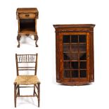 A REGENCY FAUX BAMBOO SIDE CHAIR with rush seat together with a small drop leaf bedside cabinet