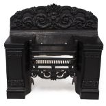 A VICTORIAN BLACK PAINTED CAST IRON FIRE GRATE overall 90cm wide x 38cm deep x 85cm high