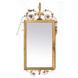A 19TH CENTURY GILT WALL MIRROR with decorative wire and gesso moulded crests, with plain
