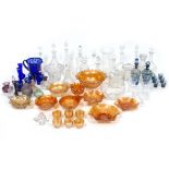 A COLLECTION OF ANTIQUE AND LATER CUT GLASS DECANTERS and glassware including carnival glass