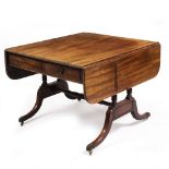 A 19TH CENTURY MAHOGANY DROP LEAF LIBRARY TABLE with frieze drawers to either side, the splaying