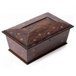 A 19TH CENTURY ARBUTUS TEA CADDY of sarcophagus form with decorative inlay and two lidded