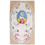 A LATE 18TH / EARLY 19TH CENTURY CUT PAPER CANIVET HOLY CARD with watercolour decoration, 15cm x