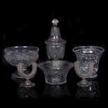 A COLLECTION OF ANTIQUE CUT GLASSWARE to include an engraved bowl, 22cm diameter x 11cm high; a vase