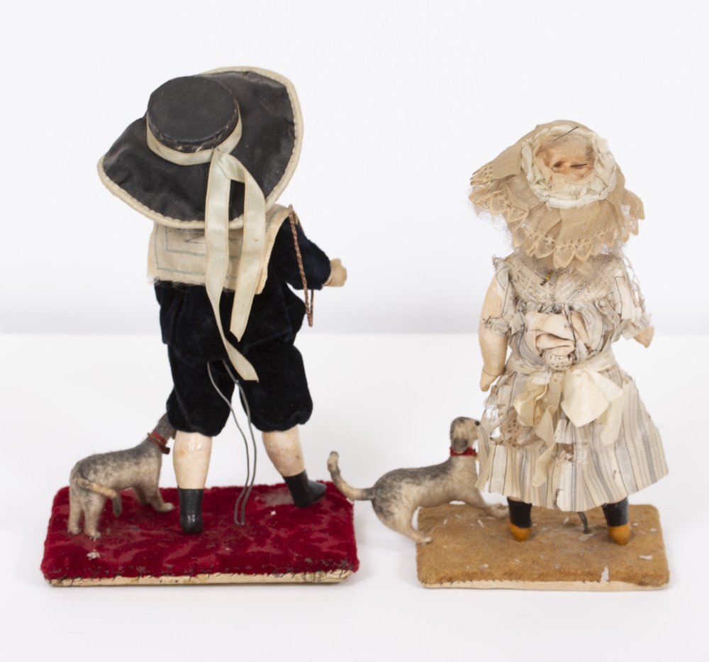 A PAIR OF VICTORIAN DOLLS a boy and a girl, each dressed in period costume and mounted on a - Image 5 of 7