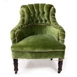 A VICTORIAN SMALL GREEN DRAYLON UPHOLSTERED BUTTON BACK ARMCHAIR with turned front legs, 98cm wide x