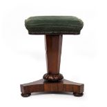 A 19TH CENTURY ROSEWOOD PIANO STOOL with green leather upholstered square top, octagonal column