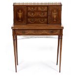 AN EDWARDIAN MAHOGANY AND SATINWOOD INLAID LADIES WRITING DESK with brass galleried top, five