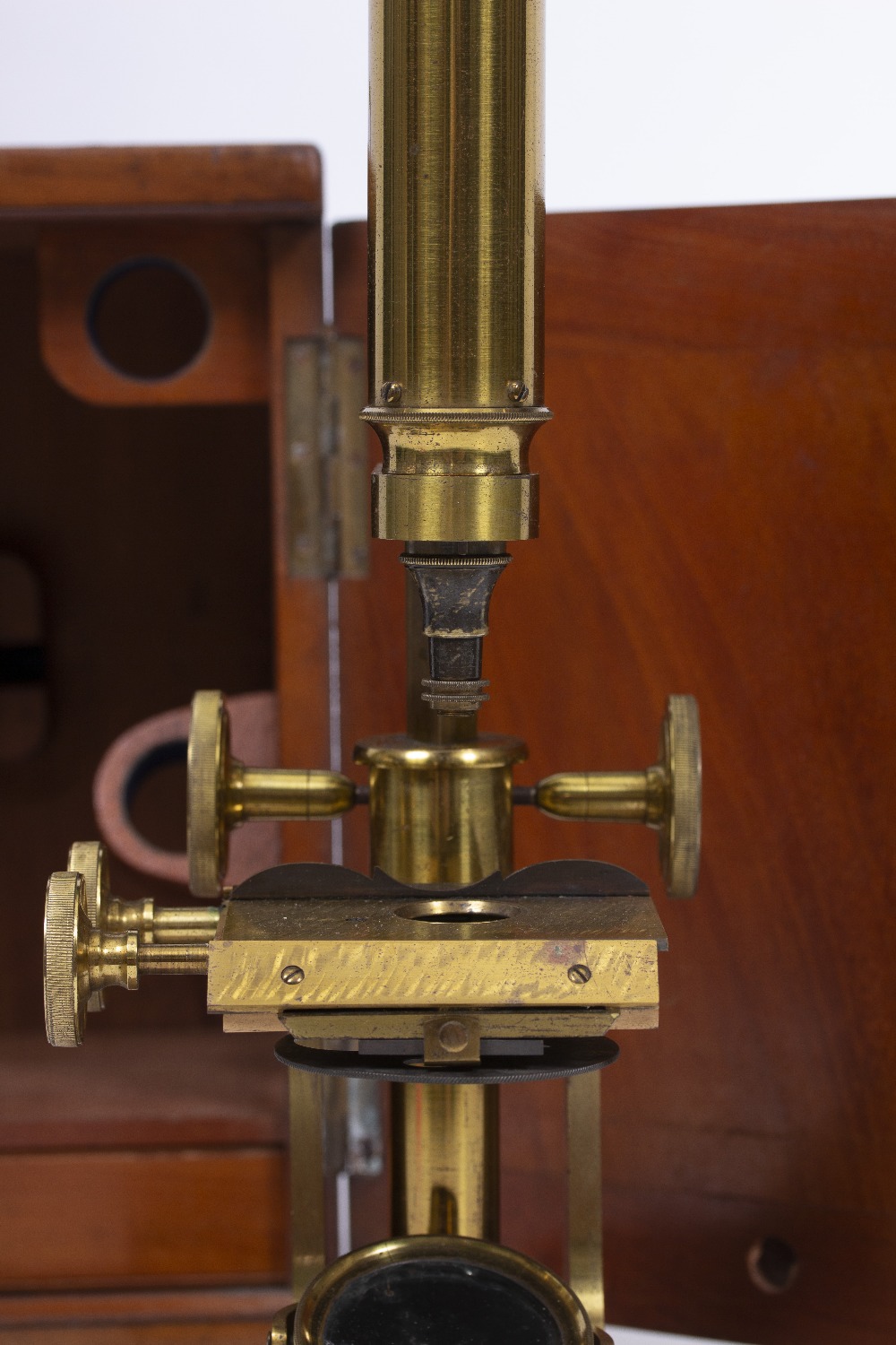 A LATE VICTORIAN 13 INCH UNSIGNED MICROSCOPE with coarse and fine focusing, mechanical stage and - Image 5 of 7