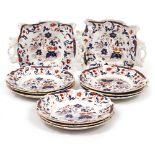 A 19TH CENTURY IRONSTONE TYPE WARE PART DESSERT SERVICES two square dishes with pierced handles