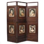 A LATE 19TH/ EARLY 20TH CENTURY OAK THREE FOLD SCREEN with glazed panels inset with portrait prints,