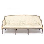 A 19TH CENTURY POSSIBLY REGENCY GREY PAINTED AND PARCEL GILT SOFA with upholstered back, arms, sides