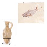 A FOSSILIZED FISH on a perspex mount, the mount 27cm wide x 24cm high together with a possibly