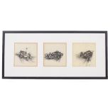 THREE DECORATIVE PRINTS of early 20th century racing cars, indistinctly signed, each print 14cm